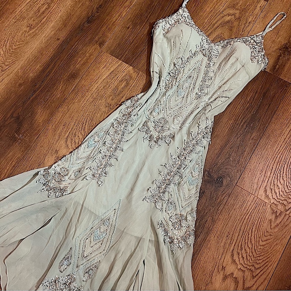 Vintage Green 100% Silk Beaded Dress Vintage Silk Dress Fairy Sue Wong Prom